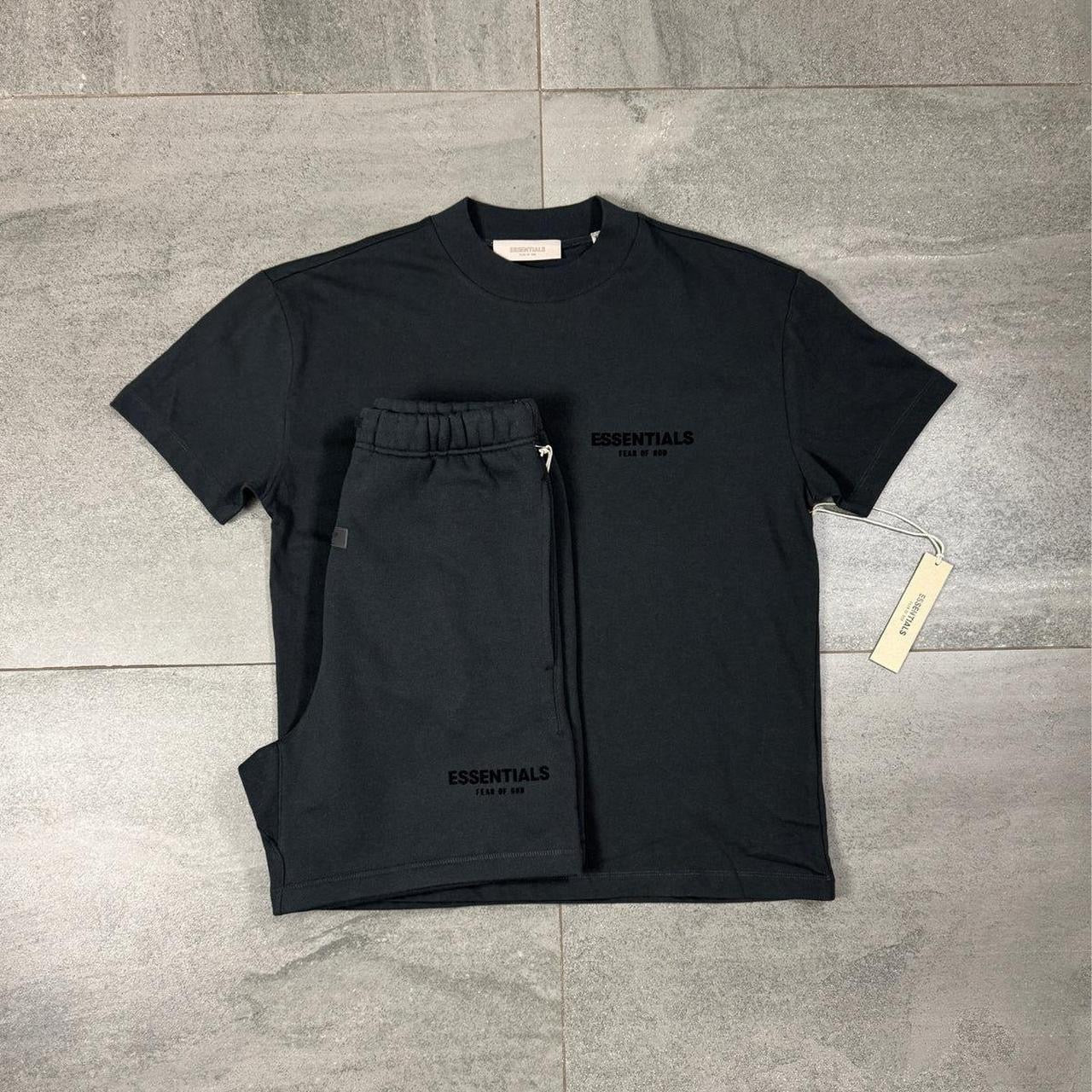Black Fear of God Essential Shorts and Shirt Set